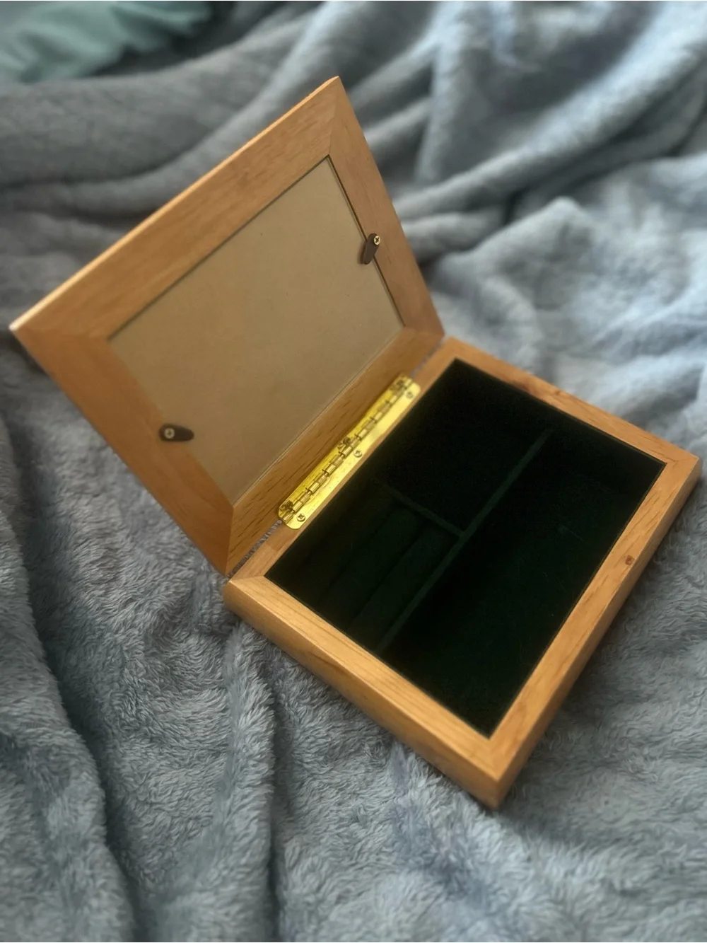 Wooden Photo Jewelry Box with Dark Green Velvet Interior